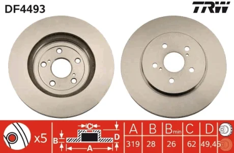 Диск гальмівний TOYOTA LEXUS RX300, 350, 400, 450 передн. (вир-во) TRW DF4493