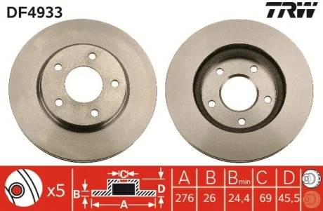 Диск гальмівний MITSUBISHI LANCER 1.5-2.0 08-, DODGE CALIBER 1.8-2.4 06- передн. (вир-во) TRW DF4933