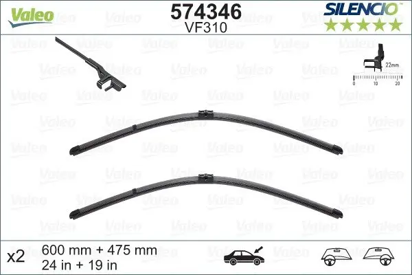 Щітки склоочисника (600/475mm) VW Caddy/Golf 04-15/Audi A3/Skoda 04-13 Aerotwin (безкаркасна) VALEO Valeo 574346 (фото 1)