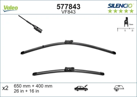 Щітки склоочисника (650/400mm) BMW X1/Seat Leon 12- (безкаркасна) VALEO Valeo 577843