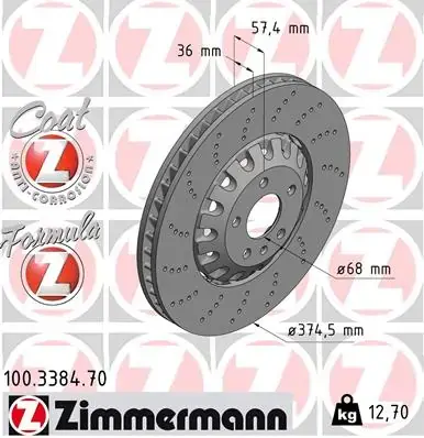 Диск гальмівний (передній) Audi RS4/RS5 12- (375x36) (з покриттям) (з отворами) (вент) 100.3384.70 ZIMMERMANN 100-3384-70 (фото 1)