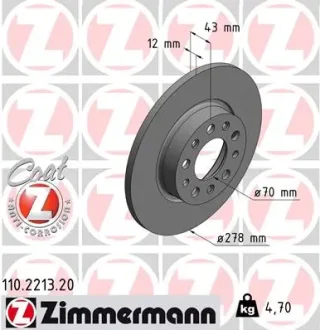 Диск гальмівний (задній) Fiat 500X/Jeep Compass/Renegade 14- (278x12) 110.2213.20 ZIMMERMANN 110-2213-20