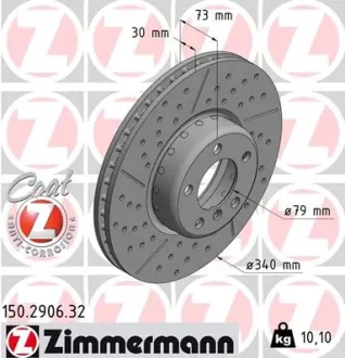 Диск гальмівний (передній) BMW 1 (F20/F21)/3 (F30/F80) (340x30) (з покриттям) (з прорезом) 150.2906.32 ZIMMERMANN 150-2906-32