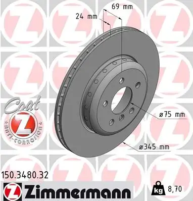 Диск гальмівний (задній) BMW 5 (F10/F11)/6 (F06/F13)/ 7 (F01-04) 09- (345x24) (з покриттям) (вент.) 150.3480.32 ZIMMERMANN 150-3480-32 (фото 1)