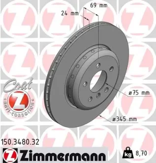 Диск гальмівний (задній) BMW 5 (F10/F11)/6 (F06/F13)/ 7 (F01-04) 09- (345x24) (з покриттям) (вент.) 150.3480.32 ZIMMERMANN 150-3480-32