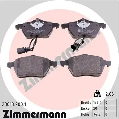 Колодки гальмівні (передні) Audi A4/A6/Skoda Superb/VW Passat 1.9TDI/2.5TDI 95- (з датчиками) 23018.200.1 ZIMMERMANN 23018-200-1 (фото 1)