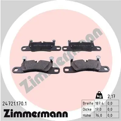 Колодки гальмівні (задні) VW Touareg/Porsche Cayenne 10- (187.4x76x17) (Brembo) 24721.170.1 ZIMMERMANN 24721-170-1 (фото 1)