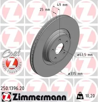 Диск гальмівний (передній) Ford Focus III 2.0 TDCi 12-17 (335x25) 250.1396.20 ZIMMERMANN 250-1396-20