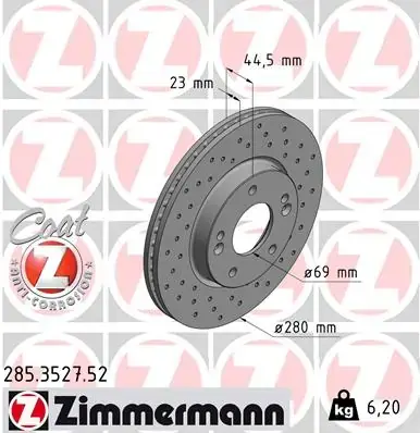 Диск гальмівний (передній) Hyundai Elantra/I30 II 11-/Kia Cee\'D/ Cerato III 13- (280x23) 285.3527.52 ZIMMERMANN 285-3527-52 (фото 1)