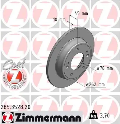 Диск гальмівний (задній) Kia Ceed/Cerato/Soul/Hyundai i30/Elantra 12- (262x10) 285.3528.20 ZIMMERMANN 285-3528-20 (фото 1)