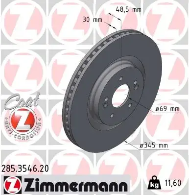 Диск гальмівний (передній) Hyundai Santa Fe 2.2 CRDi 18-20 (345x30) 285.3546.20 ZIMMERMANN 285-3546-20 (фото 1)
