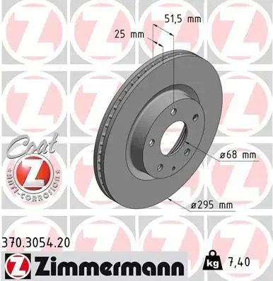 Диск гальмівний (передній) Mazda 3 1.5D/2.0/2.2D 13-/CX-3 15- (295x25)(з покриттям)(вентил.) 370.3054.20 ZIMMERMANN 370-3054-20 (фото 1)