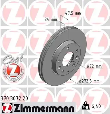 Диск гальмівний (передній) Mazda 323/626/6 97-13/Premacy 99-05 (274x24) 370.3072.20 ZIMMERMANN 370-3072-20 (фото 1)