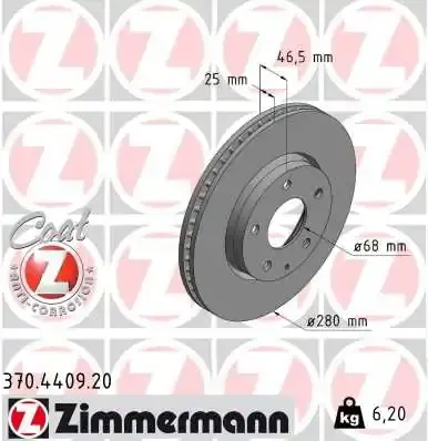 Диск гальмівний (передній) Mazda 3 1.5/1.8 18- (280x25) 370.4409.20 ZIMMERMANN 370-4409-20 (фото 1)