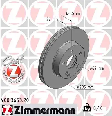 Диск гальмівний (передній) MB E-class (W211/W212/S211/S212) 02-09 (295x28) (з покриттям) (вентил.) 400.3653.20 ZIMMERMANN 400-3653-20 (фото 1)