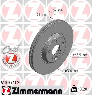 Диск гальмівний (передній) Ford Galaxy/S-max/ Volvo S80/V60/V70 06- (316x28) 610.3711.20 ZIMMERMANN 610-3711-20 (фото 1)